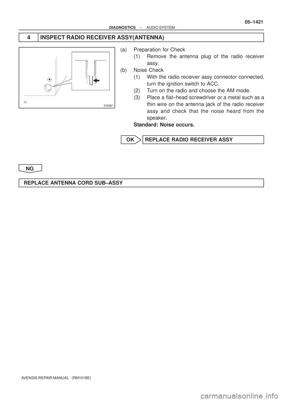 TOYOTA AVENSIS 2005  Service Repair Manual E50367
± DIAGNOSTICSAUDIO SYSTEM
05±1421
AVENSIS REPAIR MANUAL   (RM1018E)
4 INSPECT RADIO RECEIVER ASSY(ANTENNA)
(a) Preparation  for Check
(1) Remove the antenna plug of the radio receiver
assy.
(