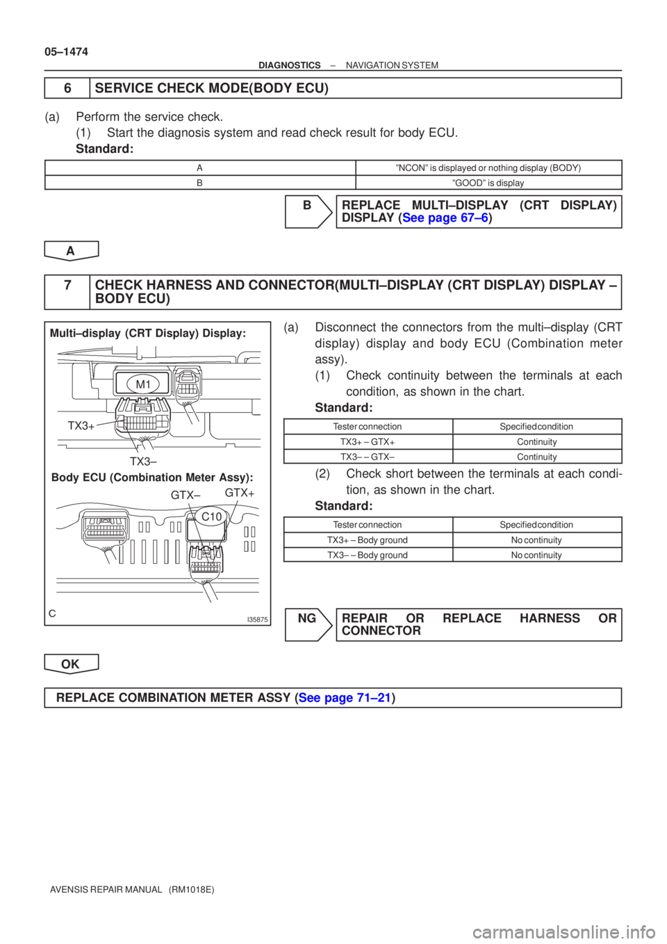 TOYOTA AVENSIS 2005 Service Repair Manual I35875
Multi±display (CRT Display) Display:Body ECU (Combination Meter Assy): TX3+
TX3± GTX+
GTX±
M1
C10
05±1474
±
DIAGNOSTICS NAVIGATION SYSTEM
AVENSIS REPAIR MANUAL (RM1018E)
6SERVICE CHECK M TOYOTA AVENSIS 2005 Service Repair Manual I35875
Multi±display (CRT Display) Display:Body ECU (Combination Meter Assy): TX3+
TX3± GTX+
GTX±
M1
C10
05±1474
±
DIAGNOSTICS NAVIGATION SYSTEM
AVENSIS REPAIR MANUAL (RM1018E)
6SERVICE CHECK M
