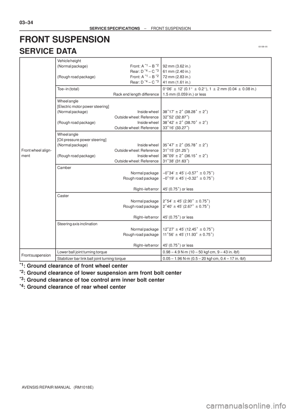 TOYOTA AVENSIS 2005  Service Repair Manual 0313B±05
03±34
± SERVICE SPECIFICATIONSFRONT SUSPENSION
AVENSIS REPAIR MANUAL   (RM1018E)
FRONT SUSPENSION
SERVICE DATA
Vehicle height
(Normal package) Front:  A *1
 ± B *2
Rear: D *4 ± C *3
(Rou