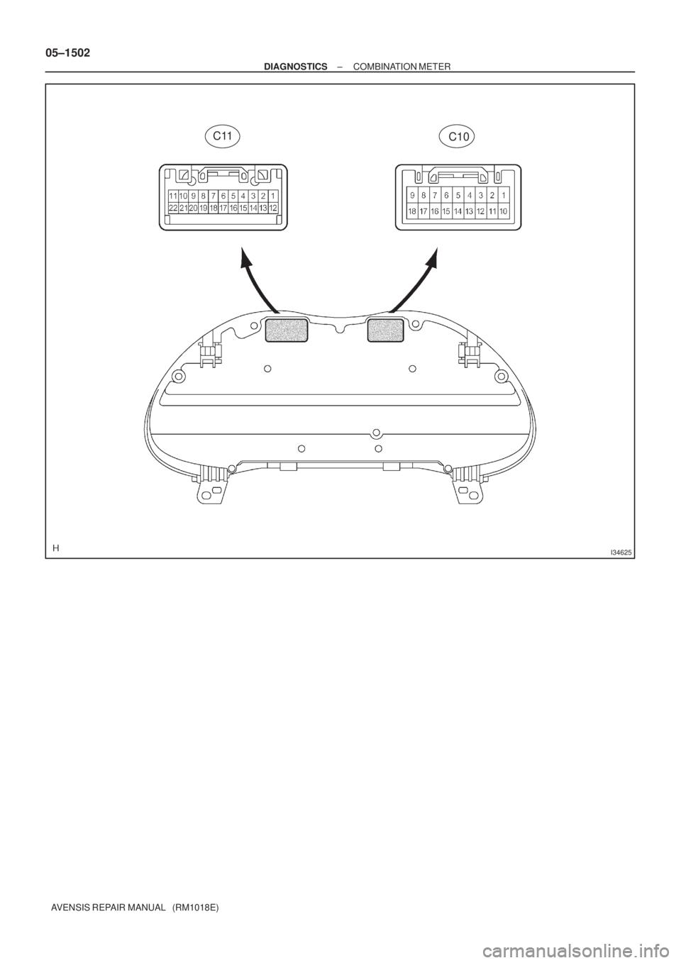 TOYOTA AVENSIS 2005  Service Repair Manual I34625
C11C10
05±1502
± DIAGNOSTICSCOMBINATION METER
AVENSIS REPAIR MANUAL   (RM1018E) 