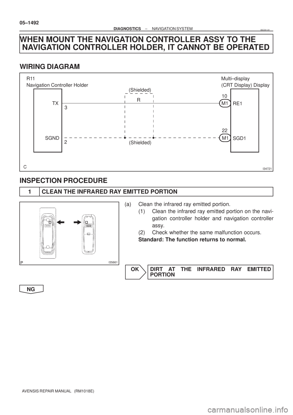 TOYOTA AVENSIS 2005 Service Repair Manual I34721
R11
Navigation Controller Holder
(Shielded)Multi±display
(CRT Display) Display
TX
SGND3
2R
(Shielded)10
22 M1
M1RE1
SGD1
I35661
05±1492
± DIAGNOSTICSNAVIGATION SYSTEM
AVENSIS REPAIR MANUAL TOYOTA AVENSIS 2005 Service Repair Manual I34721
R11
Navigation Controller Holder
(Shielded)Multi±display
(CRT Display) Display
TX
SGND3
2R
(Shielded)10
22 M1
M1RE1
SGD1
I35661
05±1492
± DIAGNOSTICSNAVIGATION SYSTEM
AVENSIS REPAIR MANUAL