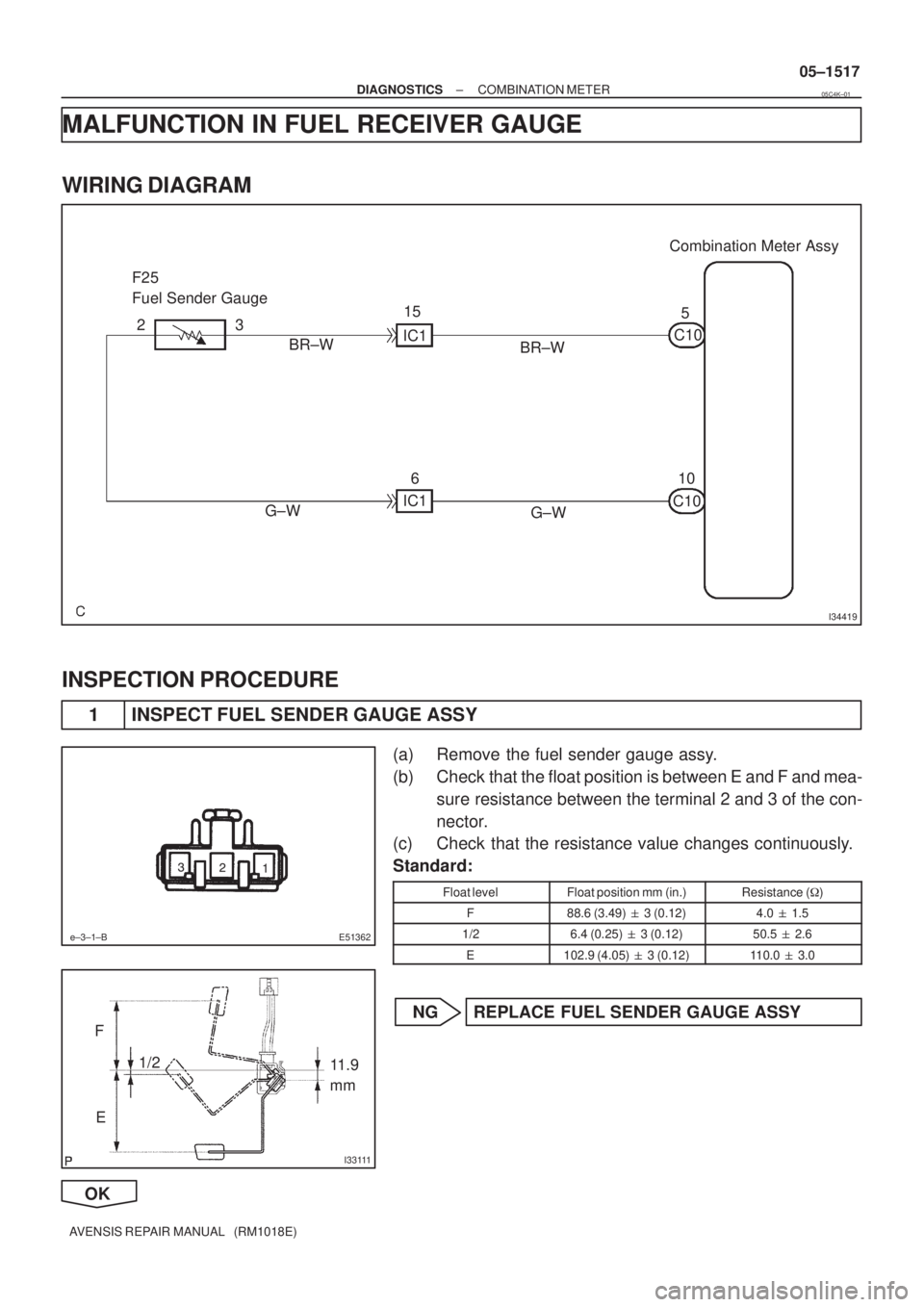 TOYOTA AVENSIS 2005  Service Repair Manual I34419
Combination Meter Assy
F25
Fuel Sender Gauge
5
10 C10
BR±W
G±W 15
IC1
6 3 2
IC1
C10 BR±W
G±W
e±3±1±B
1  
E51362
I33111
F
E1/2
11.9 
mm
± DIAGNOSTICSCOMBINATION METER
05±1517
AVENSIS 