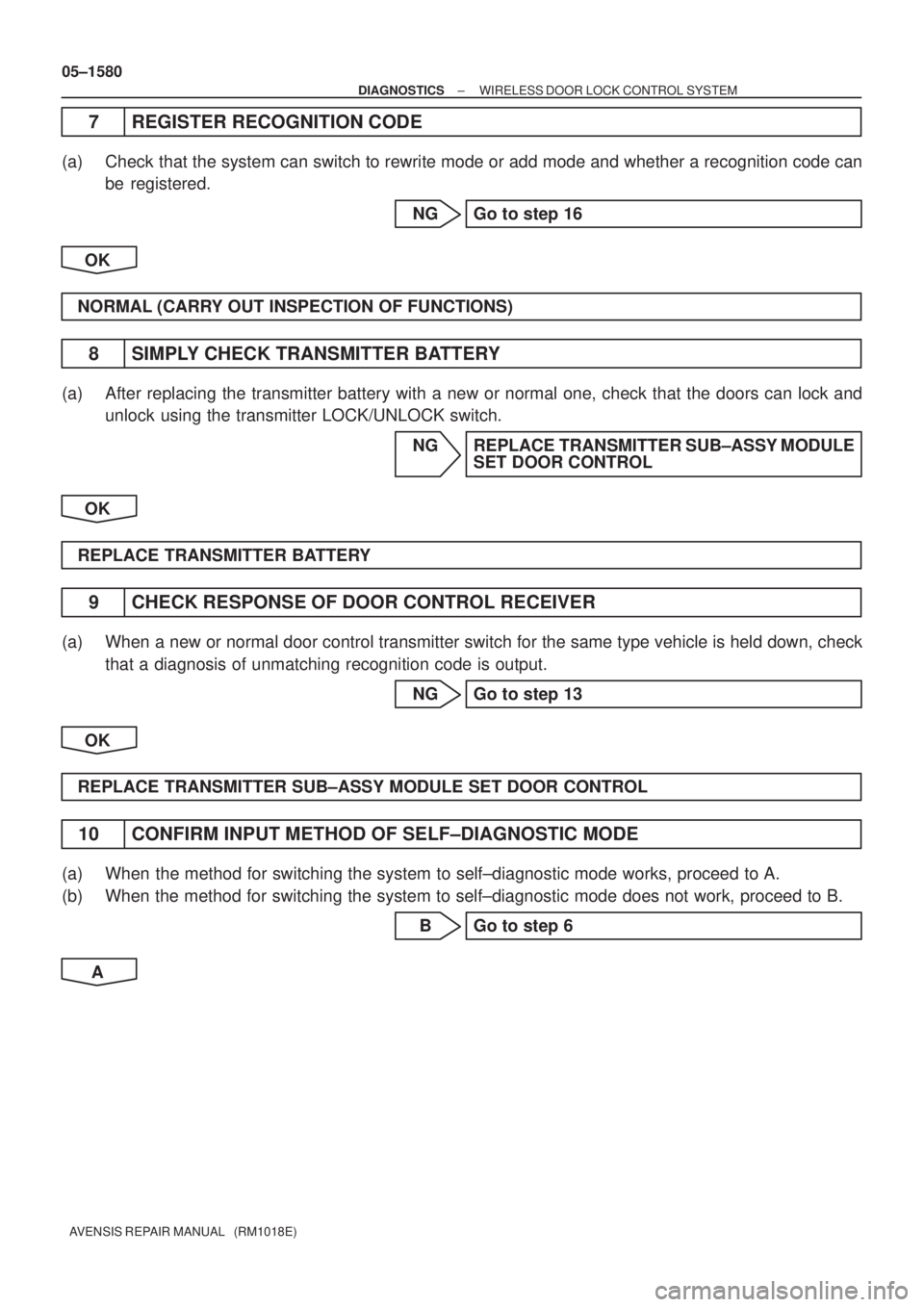 TOYOTA AVENSIS 2005  Service Repair Manual 05±1580
± DIAGNOSTICSWIRELESS DOOR LOCK CONTROL SYSTEM
AVENSIS REPAIR MANUAL   (RM1018E)
7 REGISTER RECOGNITION CODE
(a) Check that the system can switch to rewrite mode or add mode and whether a re