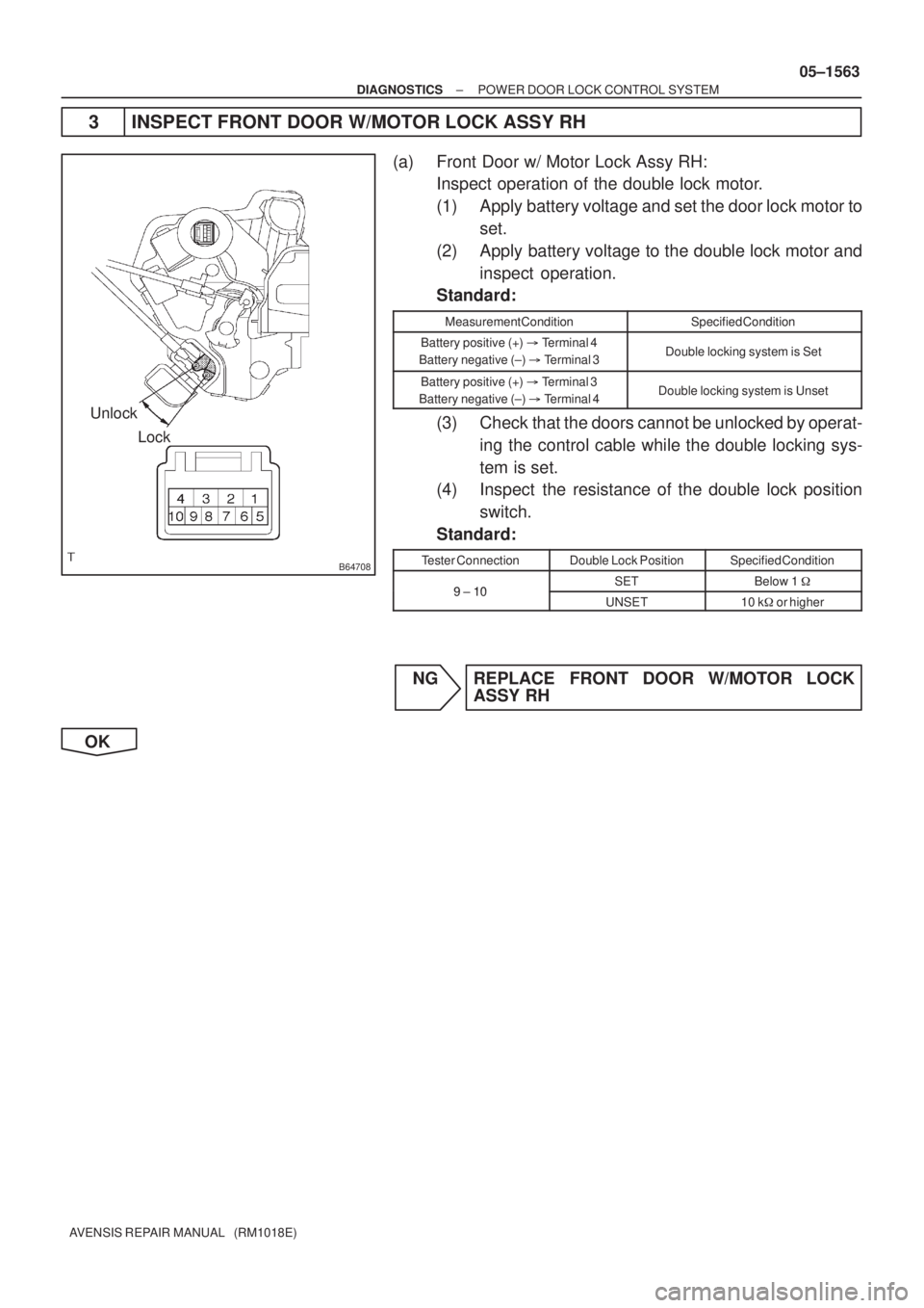 TOYOTA AVENSIS 2005  Service Repair Manual B64708
Lock Unlock
± DIAGNOSTICSPOWER DOOR LOCK CONTROL SYSTEM
05±1563
AVENSIS REPAIR MANUAL   (RM1018E)
3 INSPECT FRONT DOOR W/MOTOR LOCK ASSY RH
(a) Front Door w/ Motor Lock Assy RH:
Inspect opera