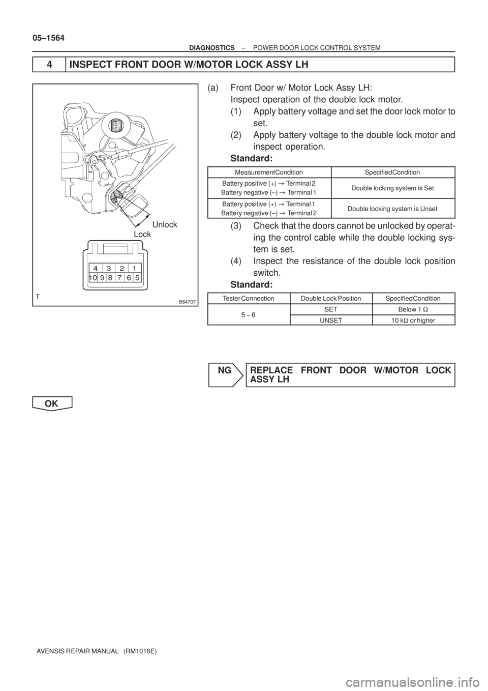 TOYOTA AVENSIS 2005  Service Repair Manual B64707
Unlock
Lock
05±1564
± DIAGNOSTICSPOWER DOOR LOCK CONTROL SYSTEM
AVENSIS REPAIR MANUAL   (RM1018E)
4 INSPECT FRONT DOOR W/MOTOR LOCK ASSY LH
(a) Front Door w/ Motor Lock Assy LH:
Inspect opera