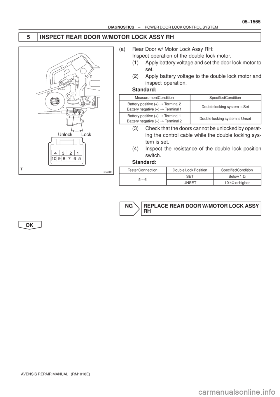 TOYOTA AVENSIS 2005  Service Repair Manual B64706
Unlock Lock
± DIAGNOSTICSPOWER DOOR LOCK CONTROL SYSTEM
05±1565
AVENSIS REPAIR MANUAL   (RM1018E)
5 INSPECT REAR DOOR W/MOTOR LOCK ASSY RH
(a) Rear Door w/ Motor Lock Assy RH:
Inspect operati