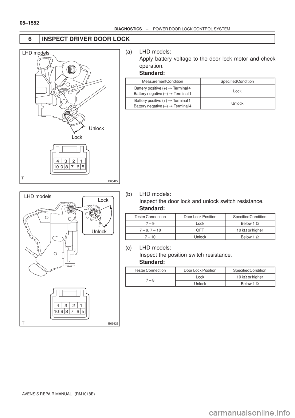 TOYOTA AVENSIS 2005  Service Repair Manual B65427
Unlock
Lock LHD models
B65428
UnlockLock LHD models 05±1552
± DIAGNOSTICSPOWER DOOR LOCK CONTROL SYSTEM
AVENSIS REPAIR MANUAL   (RM1018E)
6 INSPECT DRIVER DOOR LOCK
(a) LHD models:
Apply batt