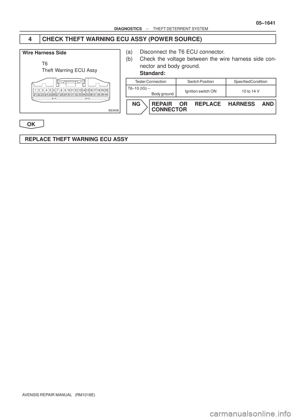 TOYOTA AVENSIS 2005  Service Repair Manual B63408
Wire Harness Side
T6
Theft Warning ECU Assy
± DIAGNOSTICSTHEFT DETERRENT SYSTEM
05±1641
AVENSIS REPAIR MANUAL   (RM1018E)
4 CHECK THEFT WARNING ECU ASSY (POWER SOURCE)
(a) Disconnect  the T6 