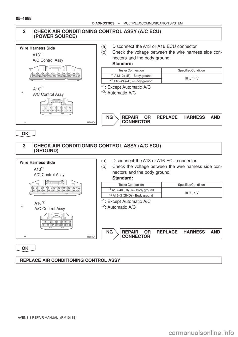 TOYOTA AVENSIS 2005  Service Repair Manual B68404
Wire Harness Side
A16
*2 
A/C Control Assy A13
*1 
A/C Control Assy
B68404
Wire Harness Side
A16
*2 
A/C Control Assy A13
*1 
A/C Control Assy
05±1688
± DIAGNOSTICSMULTIPLEX COMMUNICATION SYS