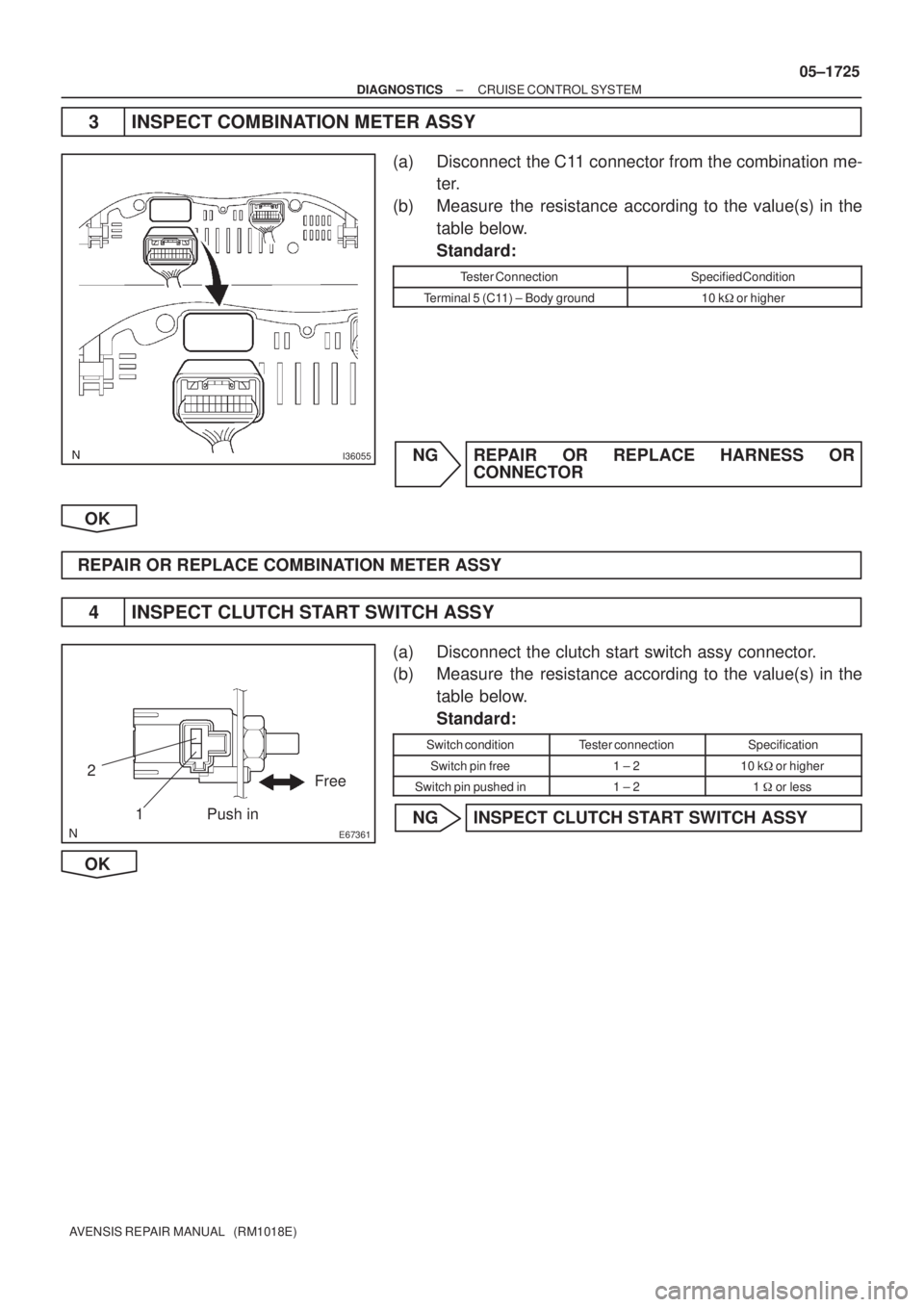 TOYOTA AVENSIS 2005 Service Repair Manual I36055
E67361
Push inFree
1 2
± DIAGNOSTICSCRUISE CONTROL SYSTEM
05±1725
AVENSIS REPAIR MANUAL (RM1018E)
3 INSPECT COMBINATION METER ASSY
(a) Disconnect the C11 connector from the combination me- TOYOTA AVENSIS 2005 Service Repair Manual I36055
E67361
Push inFree
1 2
± DIAGNOSTICSCRUISE CONTROL SYSTEM
05±1725
AVENSIS REPAIR MANUAL (RM1018E)
3 INSPECT COMBINATION METER ASSY
(a) Disconnect the C11 connector from the combination me-