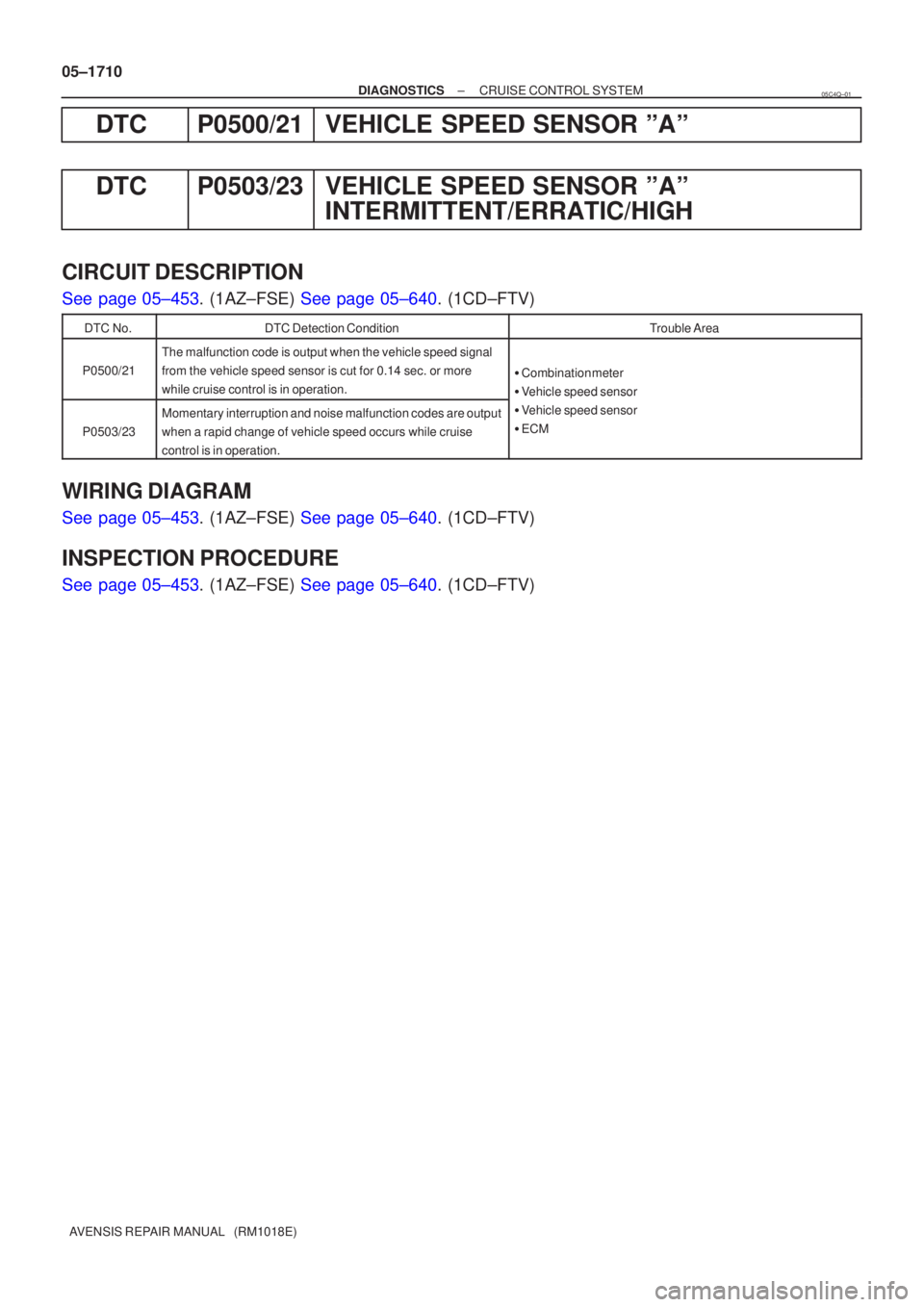 TOYOTA AVENSIS 2005  Service Repair Manual 05±1710
±
DIAGNOSTICS CRUISE CONTROL SYSTEM
AVENSIS REPAIR MANUAL   (RM1018E)
DTC P0500/21 VEHICLE SPEED SENSOR ºAº
DTC P0503/23 VEHICLE SPEED SENSOR ºAº INTERMITTENT/ERRATIC/HIGH
CIRCUIT DESCRI
