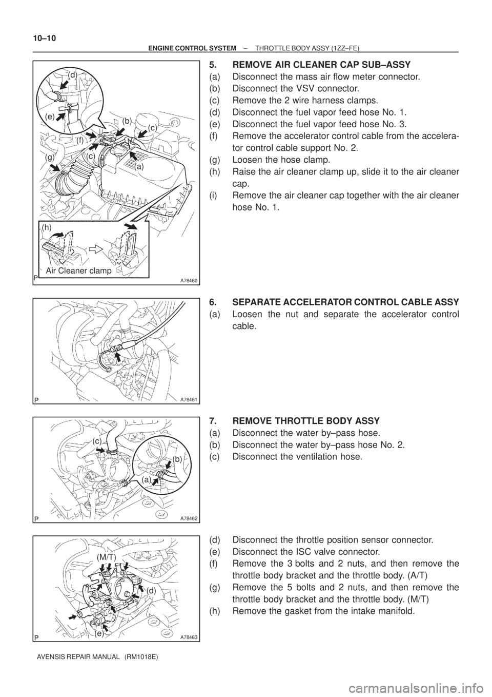 TOYOTA AVENSIS 2005  Service Repair Manual A78460
(a)
(b)(c)
(c)
(d)
(e)
(f)
(g)
(h)
Air Cleaner clamp
A78461
A78462
(a)
(b)
(c)
A78463
(d)
(e)
(M/T) 10±10
± ENGINE CONTROL SYSTEMTHROTTLE BODY ASSY (1ZZ±FE)
AVENSIS REPAIR MANUAL   (RM1018E)