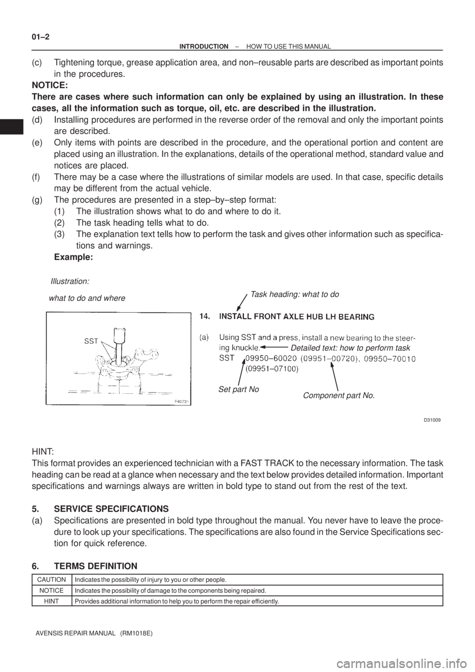 TOYOTA AVENSIS 2005  Service Repair Manual Illustration:
what to do and where
Component part No. Detailed text: how to perform task
Task heading: what to do
Set part No
D31009
01±2
± INTRODUCTIONHOW TO USE THIS MANUAL
AVENSIS REPAIR MANUAL  