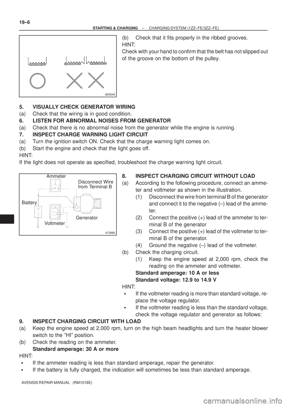 TOYOTA AVENSIS 2005  Service Repair Manual B00540
A75980
Disconnect Wire
from Terminal B
Generator
Voltmeter BatteryAmmeter 19±6
± STARTING & CHARGINGCHARGING SYSTEM (1ZZ±FE/3ZZ±FE)
AVENSIS REPAIR MANUAL   (RM1018E)
(b) Check that it fits 