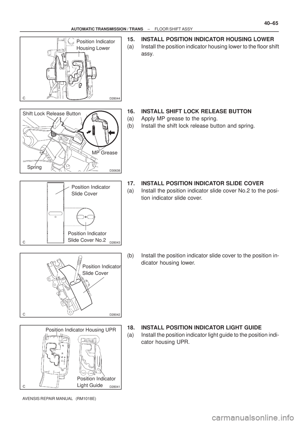 TOYOTA AVENSIS 2005  Service Repair Manual D28044
Position Indicator 
Housing Lower
D30638
Shift Lock Release Button
SpringMP Grease
D28043
Position Indicator 
Slide Cover
Position Indicator 
Slide Cover No.2
D28042
Position Indicator 
Slide C