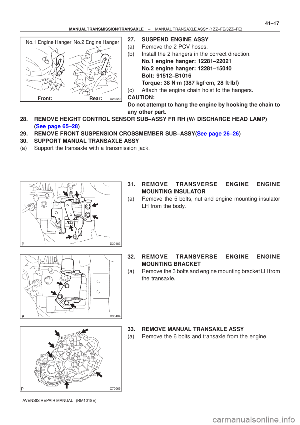 TOYOTA AVENSIS 2005  Service Repair Manual D25320
No.2 Engine Hanger
No.1 Engine Hanger
Front: Rear:
D30483
D30484
C70065
±
MANUAL TRANSMISSION/TRANSAXLE MANUAL TRANSAXLE ASSY (1ZZ±FE/3ZZ±FE)
41±17
AVENSIS REPAIR MANUAL   (RM1018E)
27. SUS