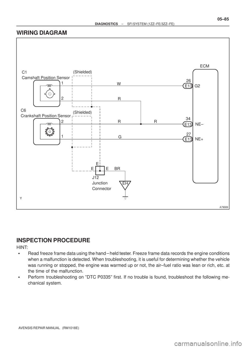 TOYOTA AVENSIS 2005  Service Repair Manual A79089
C1
Camshaft Position Sensor(Shielded)
1 2ECM
(Shielded) 1
2
EHR
NE+NE± G2 W
G C6
Crankshaft Position Sensor
R RE13
E13
E1326
34
27
BR E
J12
Junction
ConnectorE E
± DIAGNOSTICSSFI SYSTEM (1ZZ