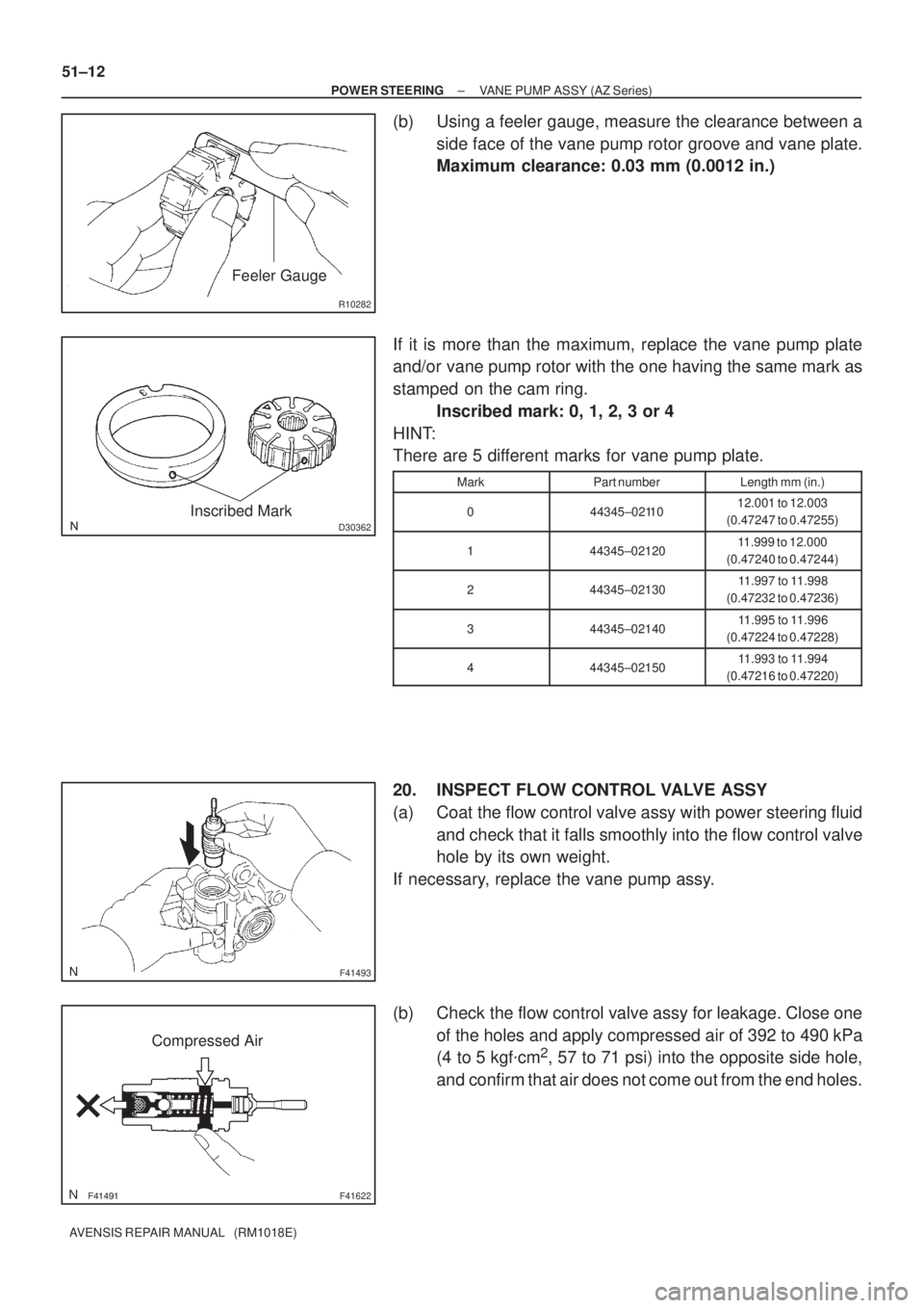 TOYOTA AVENSIS 2005  Service Repair Manual R10282
Feeler Gauge
D30362Inscribed Mark
F41493
F41622
Compressed Air 51±12
± POWER STEERINGVANE PUMP ASSY (AZ Series)
AVENSIS REPAIR MANUAL   (RM1018E)
(b) Using a feeler gauge, measure the c