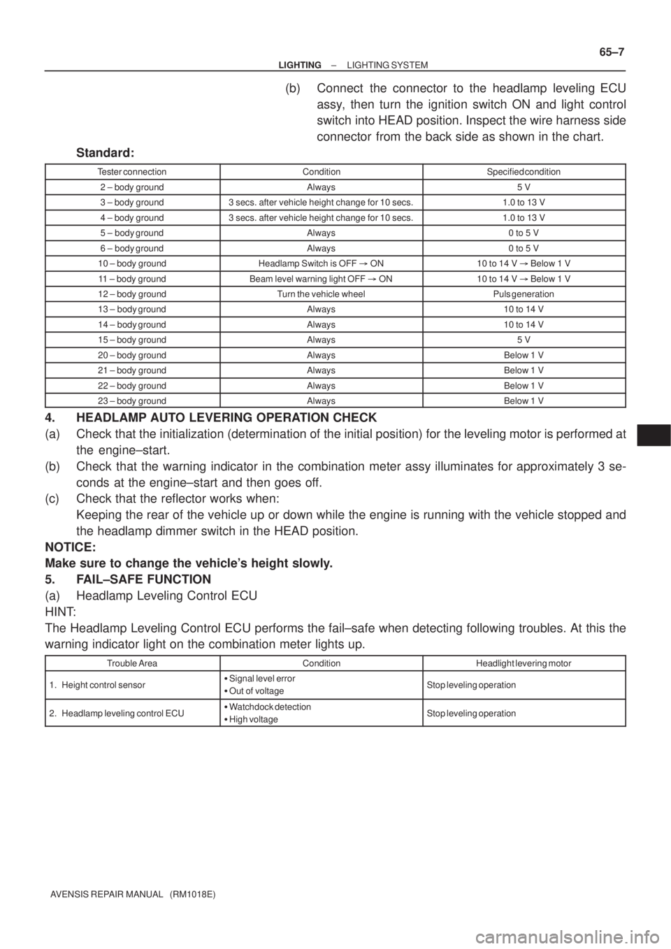 TOYOTA AVENSIS 2005  Service Repair Manual ± LIGHTINGLIGHTING SYSTEM
65±7
AVENSIS REPAIR MANUAL   (RM1018E)
(b) Connect  the connector to the headlamp leveling ECU
assy, then turn the ignition switch ON and light control
switch into HEAD pos