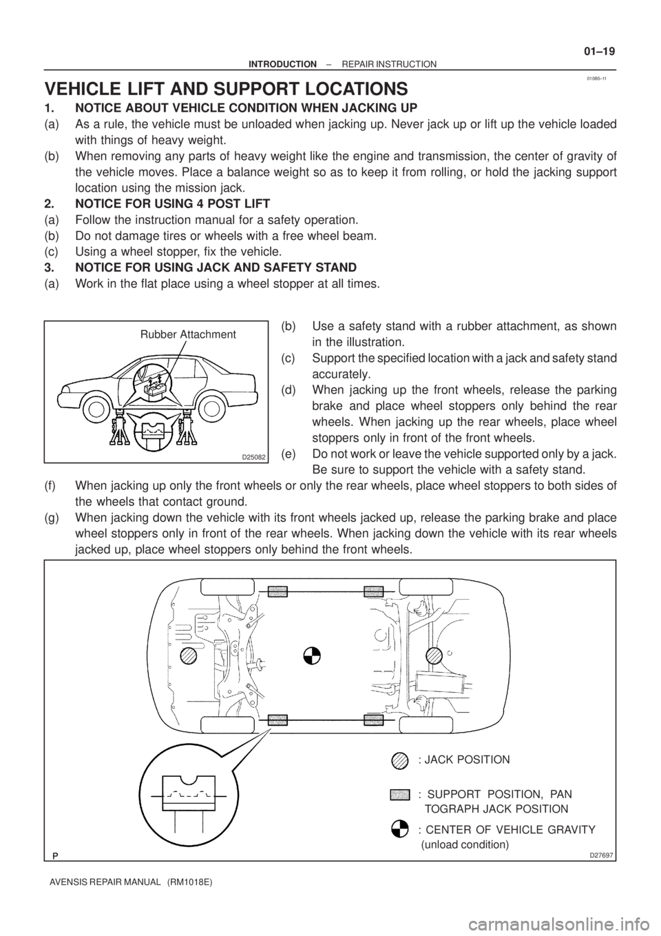 TOYOTA AVENSIS 2005  Service Repair Manual 010B5±11
D25082
Rubber Attachment
D27697
: SUPPORT POSITION, PAN
  TOGRAPH  JACK  POSITION
: CENTER OF VEHICLE GRAVITY
 (unload condition)
: JACK POSITION
± INTRODUCTIONREPAIR INSTRUCTION
01±19
AVE