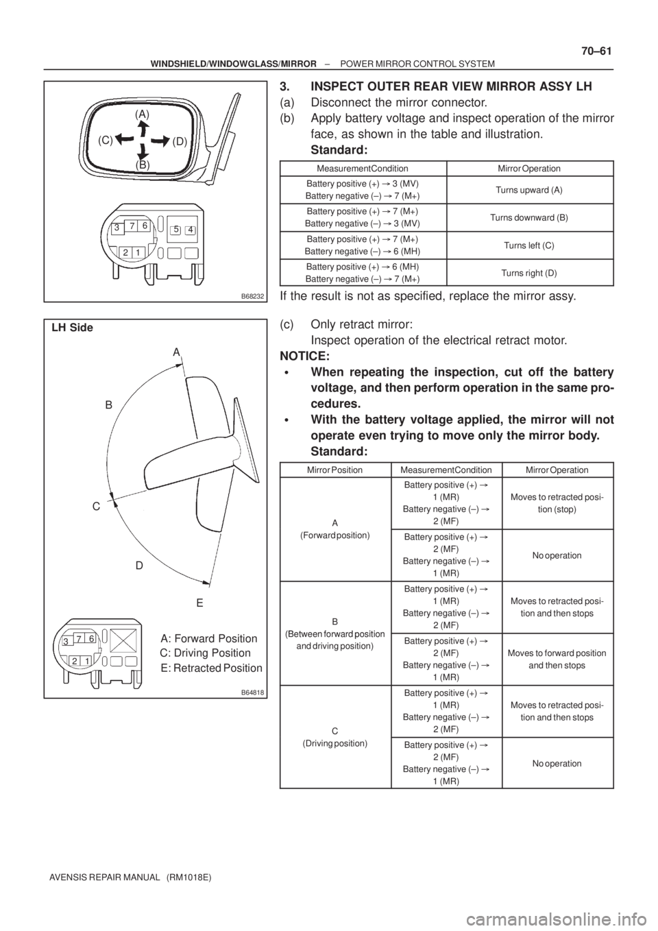 TOYOTA AVENSIS 2005 Service Repair Manual B68232
(A)
(D) (C)
(B)
1 2 3
4 5 6
7
B64818
LH Side
A: Forward Position
C: Driving Position
E: Retracted Position BA
C
D
E
1 2 36
7
± WINDSHIELD/WINDOWGLASS/MIRRORPOWER MIRROR CONTROL SYSTEM
70±61
A TOYOTA AVENSIS 2005 Service Repair Manual B68232
(A)
(D) (C)
(B)
1 2 3
4 5 6
7
B64818
LH Side
A: Forward Position
C: Driving Position
E: Retracted Position BA
C
D
E
1 2 36
7
± WINDSHIELD/WINDOWGLASS/MIRRORPOWER MIRROR CONTROL SYSTEM
70±61
A