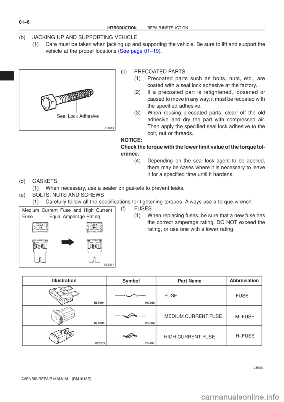 TOYOTA AVENSIS 2005  Service Owners Guide Z11554
Seal Lock Adhesive
BE1367
Medium Current Fuse and High Current
Fuse            Equal Amperage Rating

V35002
IllustrationSymbol Part Name Abbreviation
FUSE
MEDIUM CURRENT FUSE
HIGH CURREN