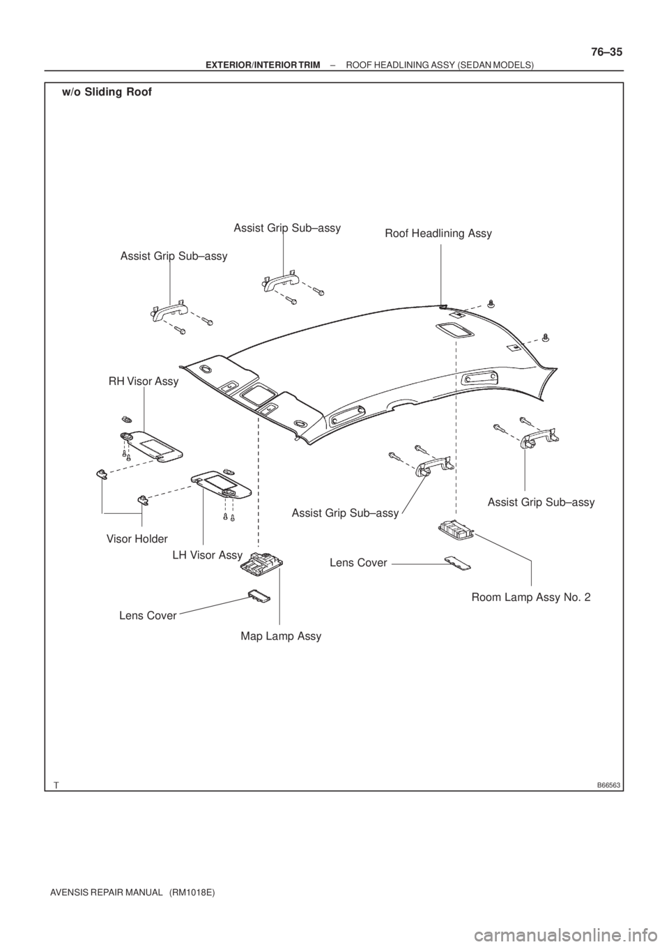 TOYOTA AVENSIS 2005  Service Repair Manual B66563
LH Visor Assy Visor HolderRoof Headlining Assy
RH Visor Assy
Map Lamp AssyRoom Lamp Assy No. 2
Lens Cover
Assist Grip Sub±assy
Lens CoverAssist Grip Sub±assy
Assist Grip Sub±assy
Assist Grip