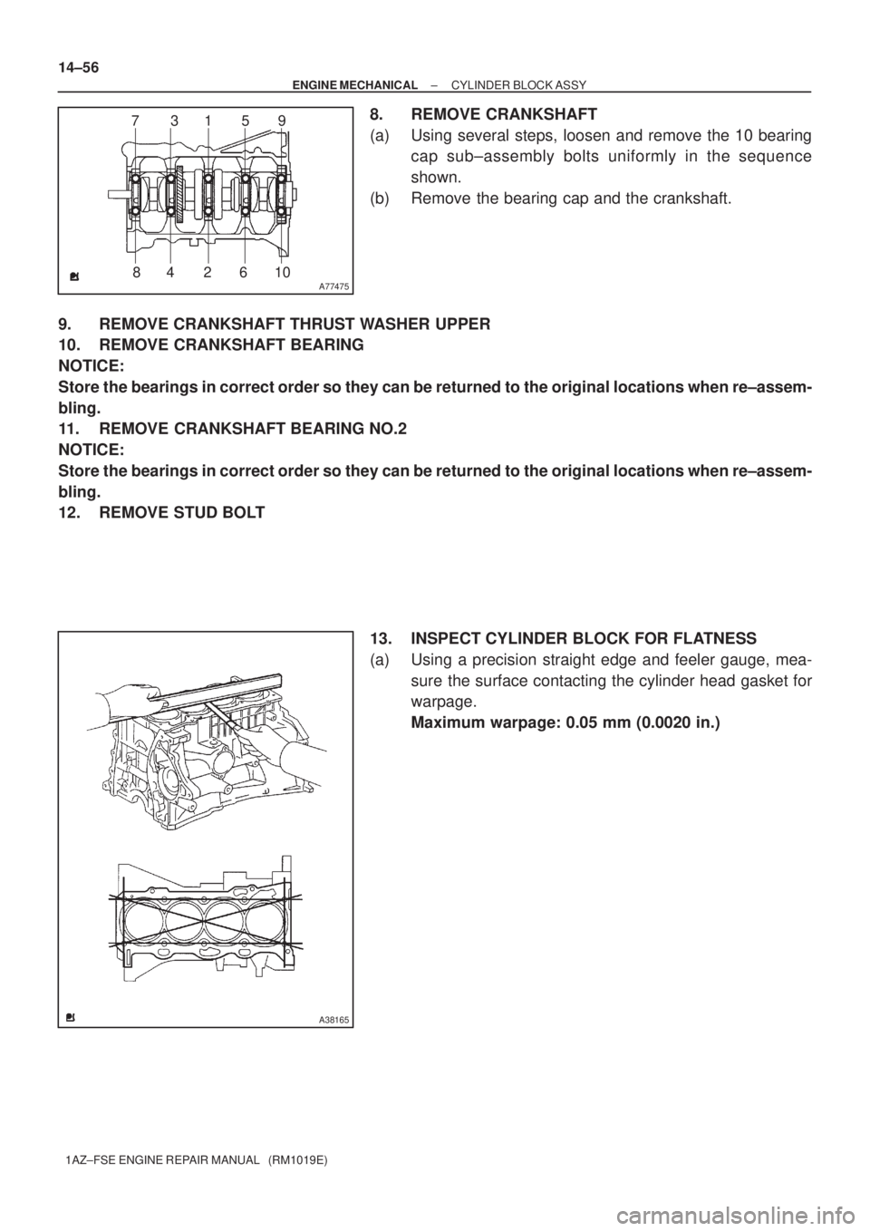 TOYOTA AVENSIS 2005  Service Repair Manual A77475
1
2 3
45
6 7
89
10
A38165
14±56
± ENGINE MECHANICALCYLINDER BLOCK ASSY
1AZ±FSE ENGINE REPAIR MANUAL   (RM1019E)
8. REMOVE CRANKSHAFT
(a) Using several steps, loosen and remove the 10 bearing