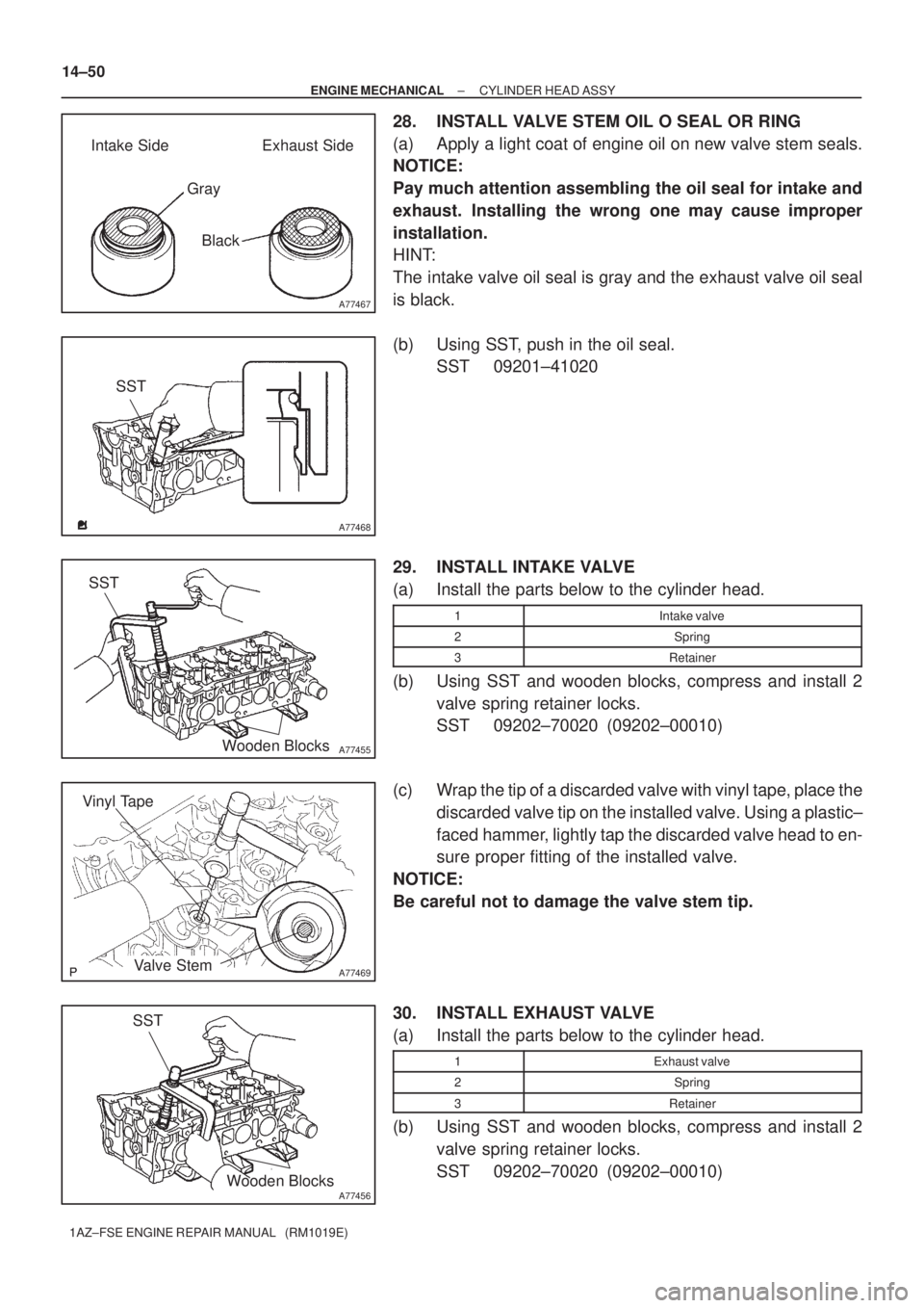 TOYOTA AVENSIS 2005  Service Repair Manual A77467
Intake Side Exhaust Side
Gray
Black
A77468
SST
A77455
SST
Wooden Blocks
A77469
Vinyl Tape
Valve Stem
A77456
SST
Wooden Blocks 14±50
± ENGINE MECHANICALCYLINDER HEAD ASSY
1AZ±FSE ENGINE REPAI