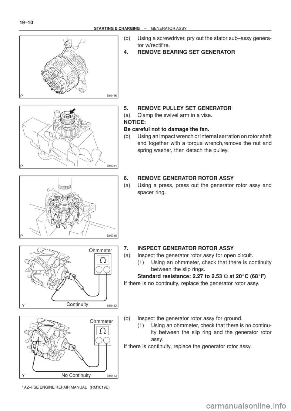 TOYOTA AVENSIS 2005  Service Repair Manual B10446
B10014
B10015
B10452ContinuityOhmmeter
B10453
Ohmmeter
No Continuity 19±10
± STARTING & CHARGINGGENERATOR ASSY
1AZ±FSE ENGINE REPAIR MANUAL   (RM1019E)
(b) Using a screwdriver, pry out the s