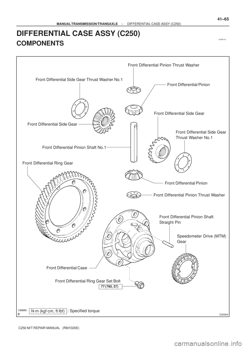 TOYOTA AVENSIS 2005  Service Repair Manual 410DK±01

D30564
Front Differential Pinion Front Differential Pinion Thrust Washer
Nm (kgfcm, ftlbf): Specified torque
77 (790, 57)
Front Differential Ring Gear Set Bolt Front Differential C