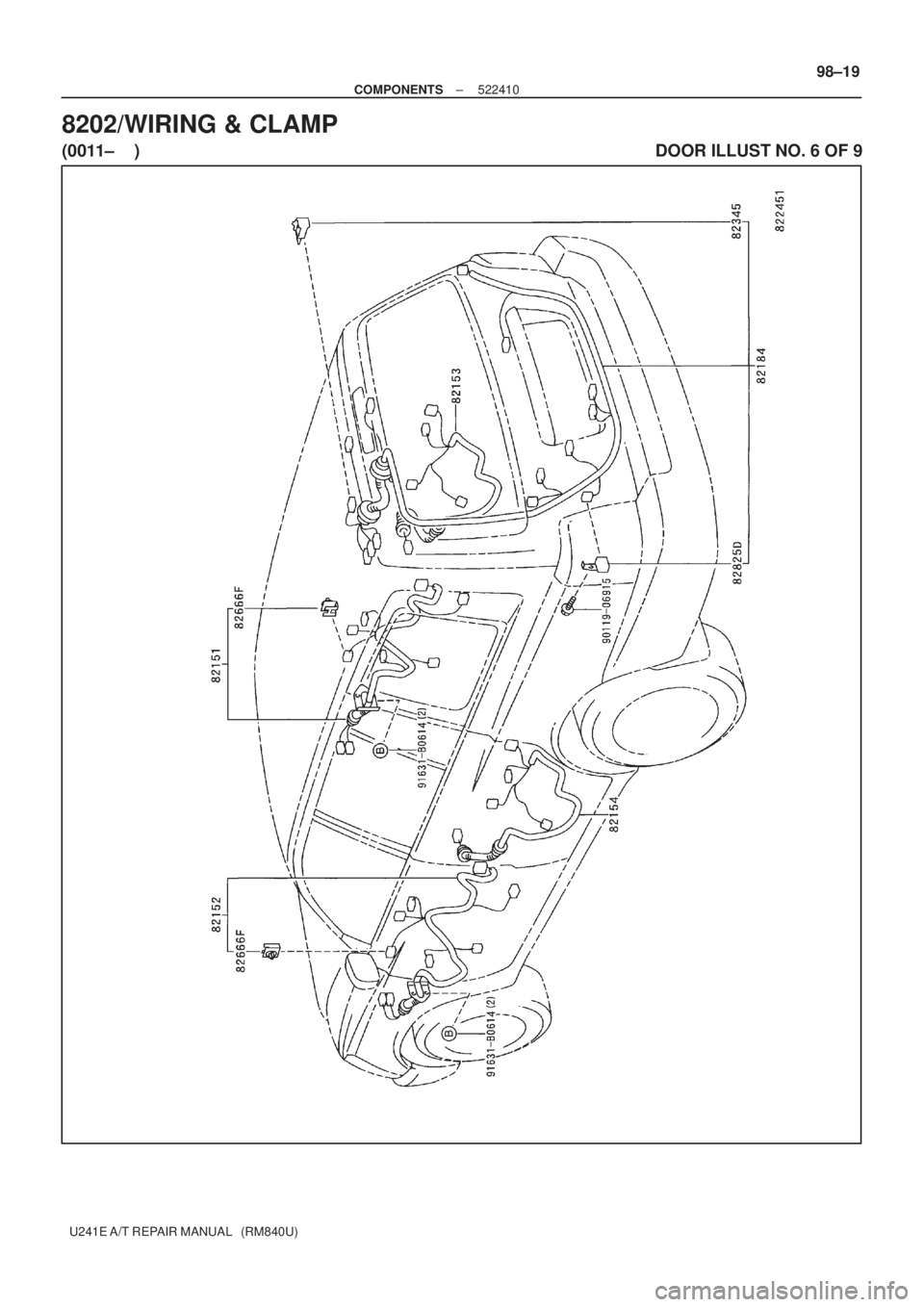 TOYOTA AVENSIS 2005  Service Repair Manual ± COMPONENTS522410
98±19
U241E A/T REPAIR MANUAL   (RM840U)
8202/WIRING & CLAMP
(0011±    )                                                                                                          