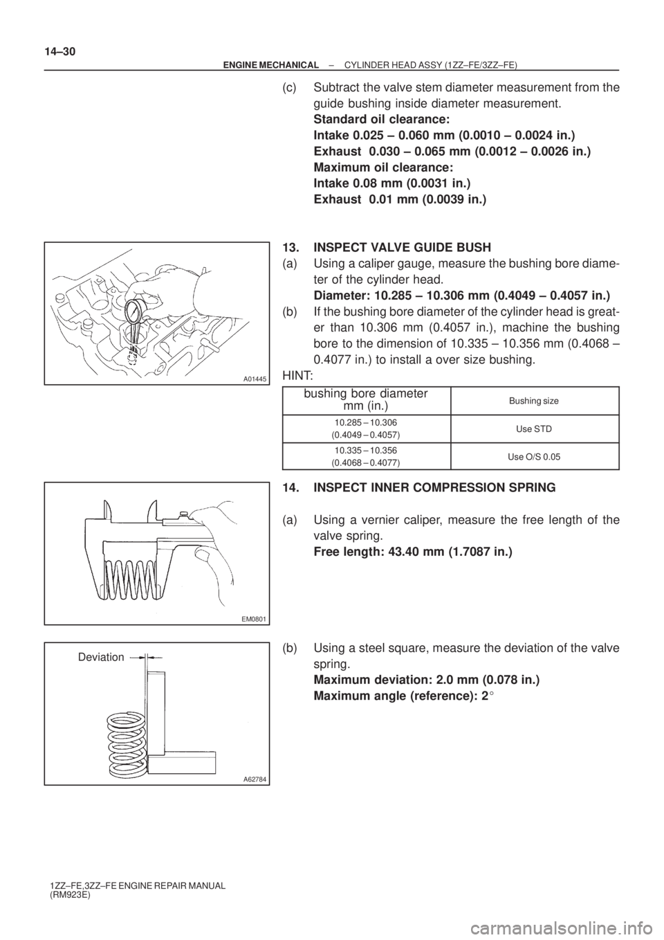 TOYOTA AVENSIS 2005  Service Repair Manual A01445
EM0801
A62784
Deviation 14±30
± ENGINE MECHANICALCYLINDER HEAD ASSY (1ZZ±FE/3ZZ±FE)
1ZZ±FE,3ZZ±FE ENGINE REPAIR MANUAL
(RM923E)
(c) Subtract  the valve stem diameter measurement from the
