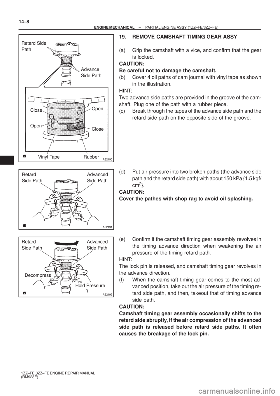 TOYOTA AVENSIS 2005 Service Repair Manual A62190
Advance
Side Path Retard Side
Path
Open
Close
Rubber Vinyl Tape Open Close
A62191
Advanced
Side Path Retard
Side Path
A62192
Hold Pressure
DecompressAdvanced
Side Path Retard
Side Path
14 TOYOTA AVENSIS 2005 Service Repair Manual A62190
Advance
Side Path Retard Side
Path
Open
Close
Rubber Vinyl Tape Open Close
A62191
Advanced
Side Path Retard
Side Path
A62192
Hold Pressure
DecompressAdvanced
Side Path Retard
Side Path
14
