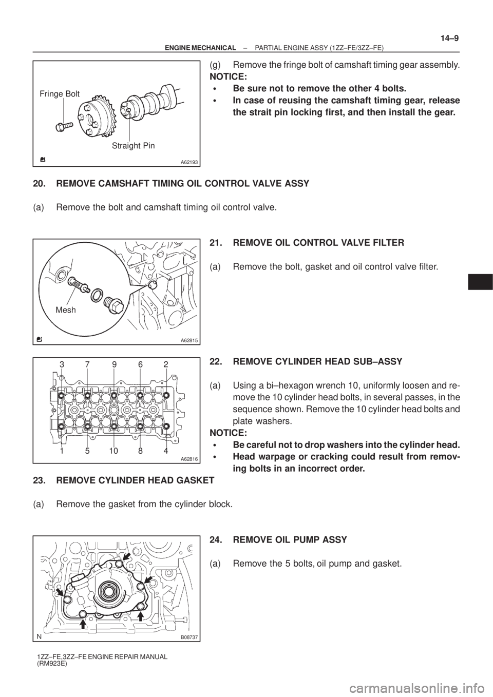 TOYOTA AVENSIS 2005 Service Repair Manual A62193
Straight Pin Fringe Bolt
A62815
Mesh
A62816
37 9 62
4 8 10 5 1
B08737
± ENGINE MECHANICALPARTIAL ENGINE ASSY (1ZZ±FE/3ZZ±FE)
14±9
1ZZ±FE,3ZZ±FE ENGINE REPAIR MANUAL
(RM923E)
(g) Remove th TOYOTA AVENSIS 2005 Service Repair Manual A62193
Straight Pin Fringe Bolt
A62815
Mesh
A62816
37 9 62
4 8 10 5 1
B08737
± ENGINE MECHANICALPARTIAL ENGINE ASSY (1ZZ±FE/3ZZ±FE)
14±9
1ZZ±FE,3ZZ±FE ENGINE REPAIR MANUAL
(RM923E)
(g) Remove th