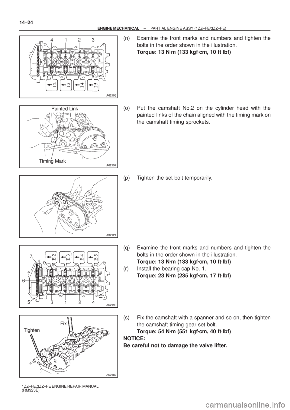 TOYOTA AVENSIS 2005  Service Repair Manual A62196
4123
A62197
Painted Link
Timing Mark
A32124
A621983124 5 67
A62187
Fix
Tighten 14±24
± ENGINE MECHANICALPARTIAL ENGINE ASSY (1ZZ±FE/3ZZ±FE)
1ZZ±FE,3ZZ±FE ENGINE REPAIR MANUAL
(RM923E)
(n)