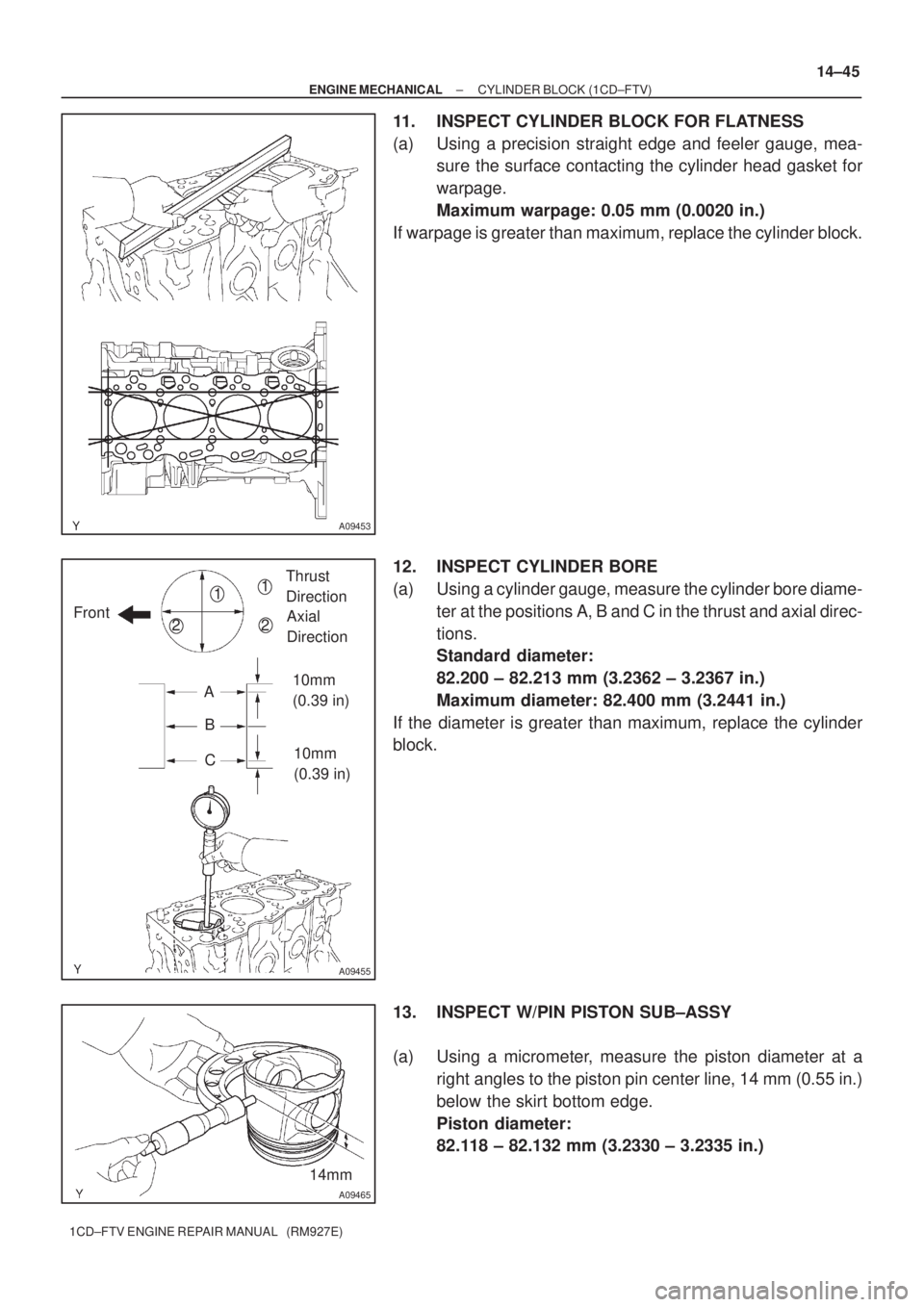 TOYOTA AVENSIS 2005 Service Repair Manual A09453
10mm
(0.39 in)
10mm
(0.39 in)
A09455
1
2 Front
Thrust
Direction
Axial
Direction1
2
A
B
C
14mm
A09465
± ENGINE MECHANICALCYLINDER BLOCK (1CD±FTV)
14±45
1CD±FTV ENGINE REPAIR MANUAL (RM92 TOYOTA AVENSIS 2005 Service Repair Manual A09453
10mm
(0.39 in)
10mm
(0.39 in)
A09455
1
2 Front
Thrust
Direction
Axial
Direction1
2
A
B
C
14mm
A09465
± ENGINE MECHANICALCYLINDER BLOCK (1CD±FTV)
14±45
1CD±FTV ENGINE REPAIR MANUAL (RM92