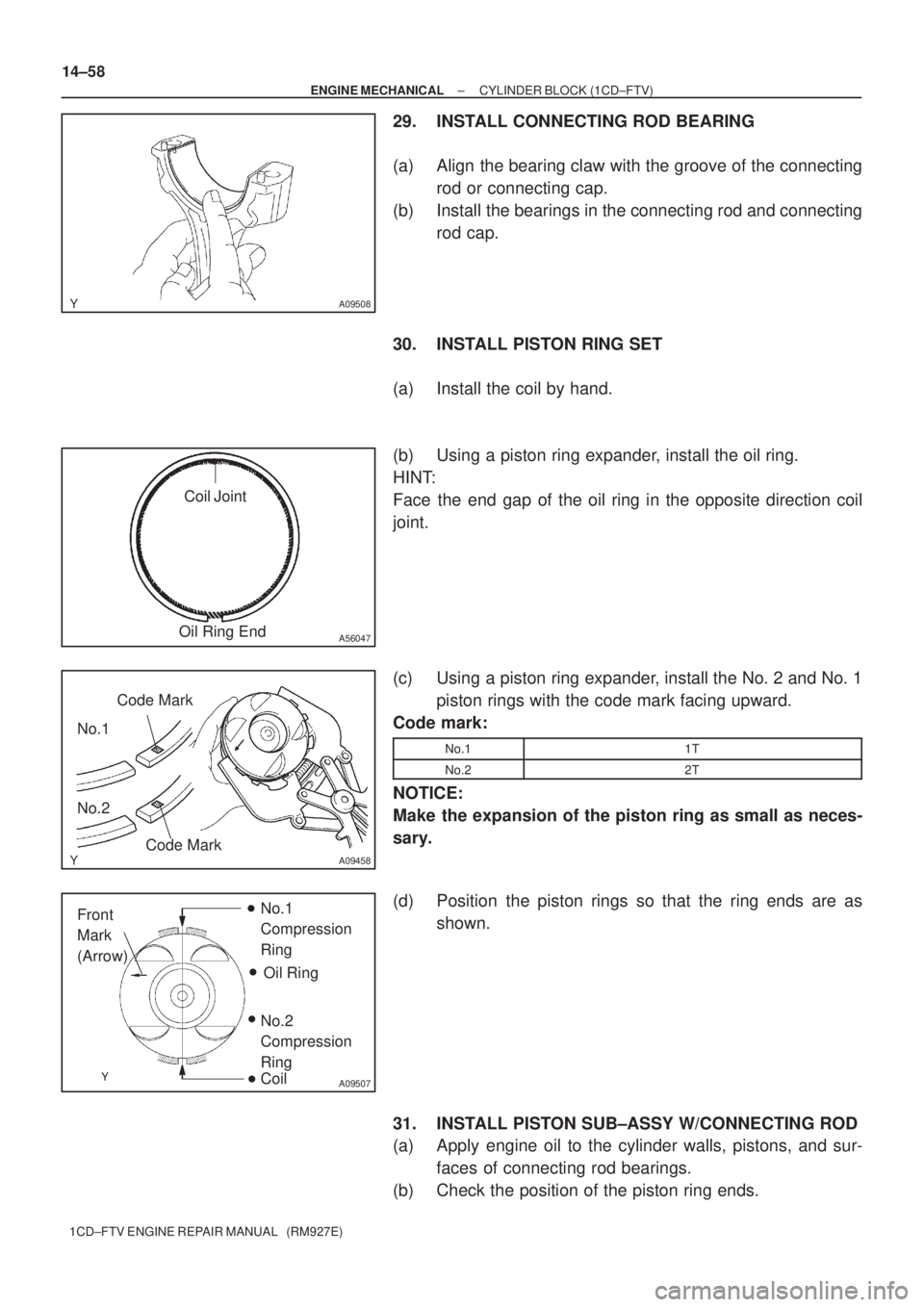 TOYOTA AVENSIS 2005  Service Repair Manual A09508
A56047
Coil Joint
Oil Ring End
A09458
No.1
No.2Code Mark
Code Mark
A09507
Front 
Mark 
(Arrow)No.1 
Compression 
Ring
Oil Ring
No.2 
Compression 
Ring
Coil
14±58
± ENGINE MECHANICALCYLINDER B