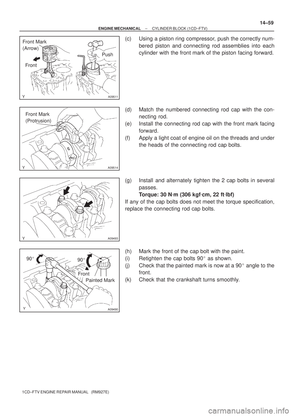 TOYOTA AVENSIS 2005  Service Repair Manual A09511
Front Mark 
(Arrow)
Front
Push
A09514
Front Mark 
(Protrusion)
A09493
90
90
A09490
Painted Mark
Front
± ENGINE MECHANICALCYLINDER BLOCK (1CD±FTV)
14±59
1CD±FTV ENGINE REPAIR MANUAL   (RM9