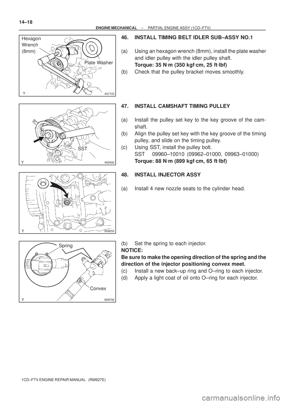 TOYOTA AVENSIS 2005  Service Repair Manual A57103
Plate Washer
Hexagon 
Wrench
(8mm)
A62592
SST
B08252
B09792
Spring
Convex
14±18
± ENGINE MECHANICALPARTIAL ENGINE ASSY (1CD±FTV)
1CD±FTV ENGINE REPAIR MANUAL   (RM927E)
46. INSTALL TIMING B