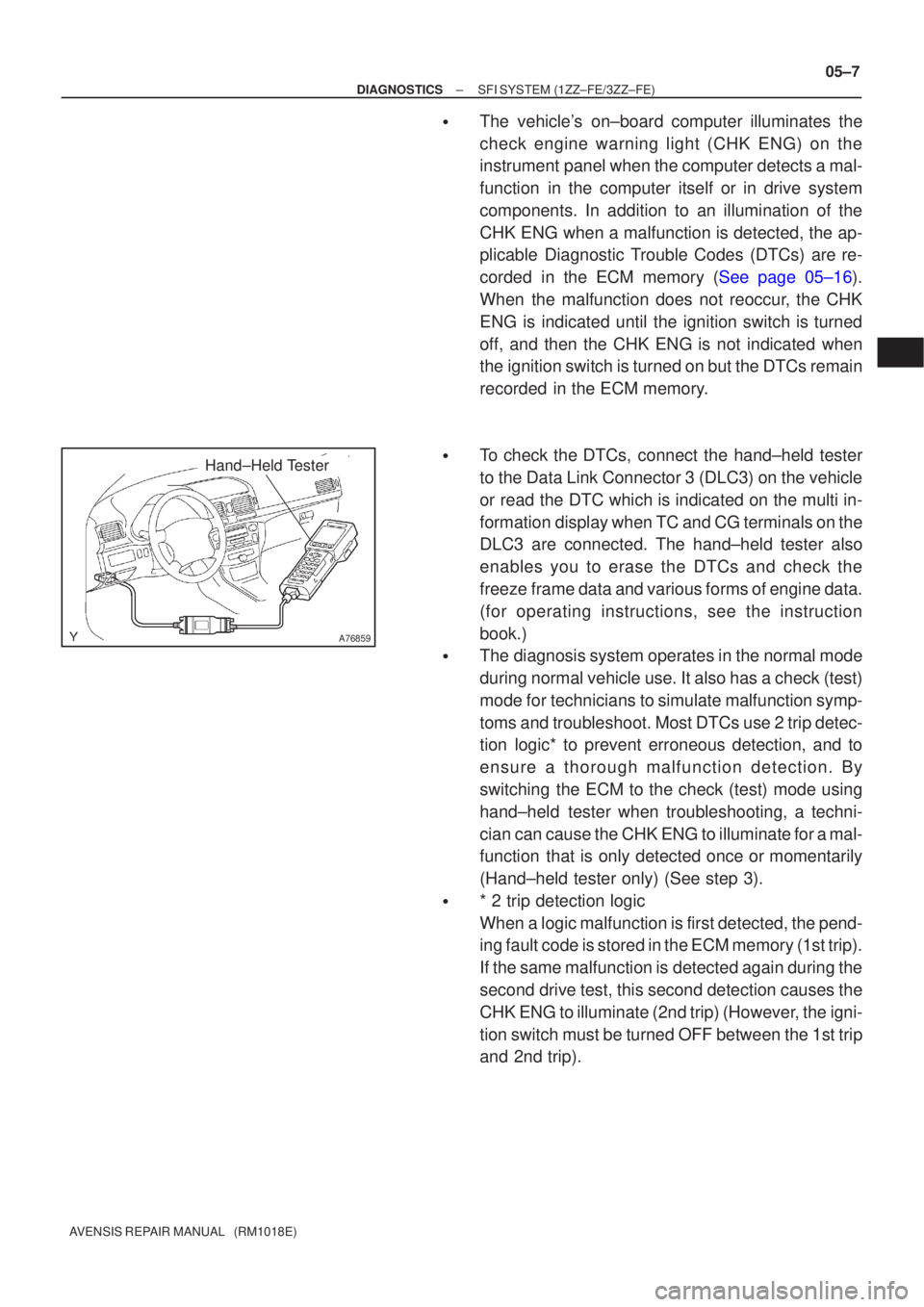 TOYOTA AVENSIS 2005  Service Repair Manual A76859
Hand±Held Tester
±
DIAGNOSTICS SFI SYSTEM(1ZZ±FE/3ZZ±FE)
05±7
AVENSIS REPAIR MANUAL   (RM1018E)
The vehicles on±board computer illuminates the
check engine warning light (CHK ENG) on th
