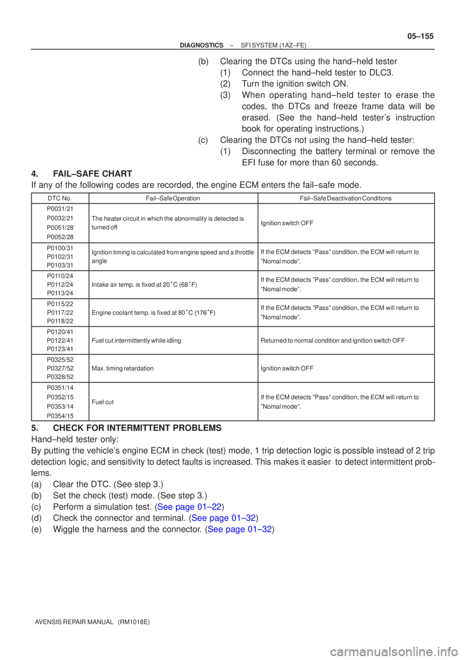 TOYOTA AVENSIS 2005  Service Repair Manual ±
DIAGNOSTICS SFI SYSTEM(1AZ±FE)
05±155
AVENSIS REPAIR MANUAL   (RM1018E)
(b)Clearing the DTCs using the hand±held tester
(1)Connect the hand±held tester to DLC3.
(2)Turn the ignition switch ON.
