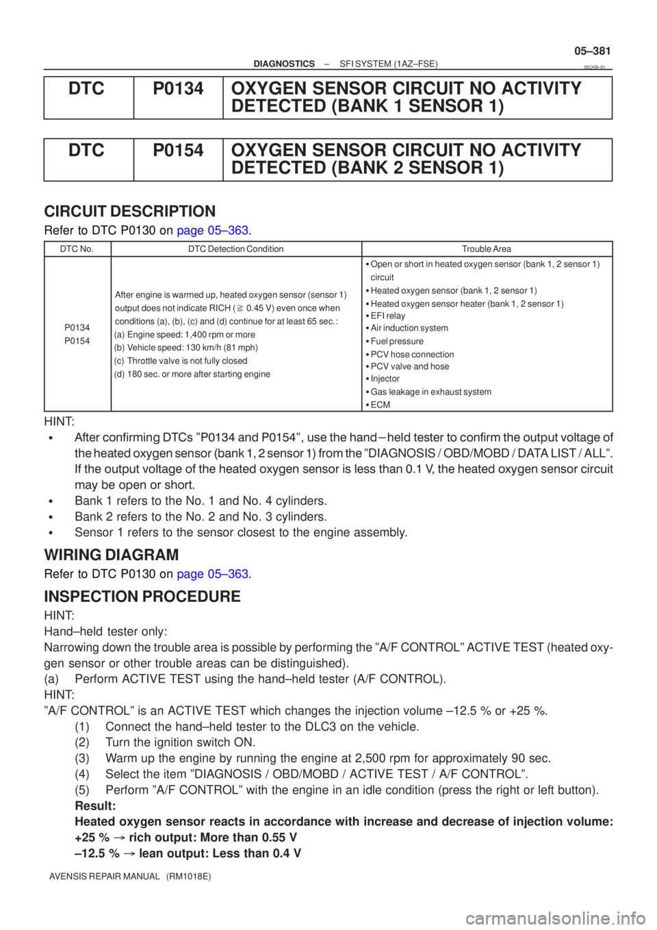 TOYOTA AVENSIS 2005  Service Repair Manual ±
DIAGNOSTICS SFI SYSTEM(1AZ±FSE)
05±381
AVENSIS REPAIR MANUAL   (RM1018E)
DTCP0134OXYGEN SENSOR CIRCUIT NO ACTIVITY
DETECTED (BANK 1 SENSOR 1)
DTCP0154OXYGEN SENSOR CIRCUIT NO ACTIVITY DETECTED (B