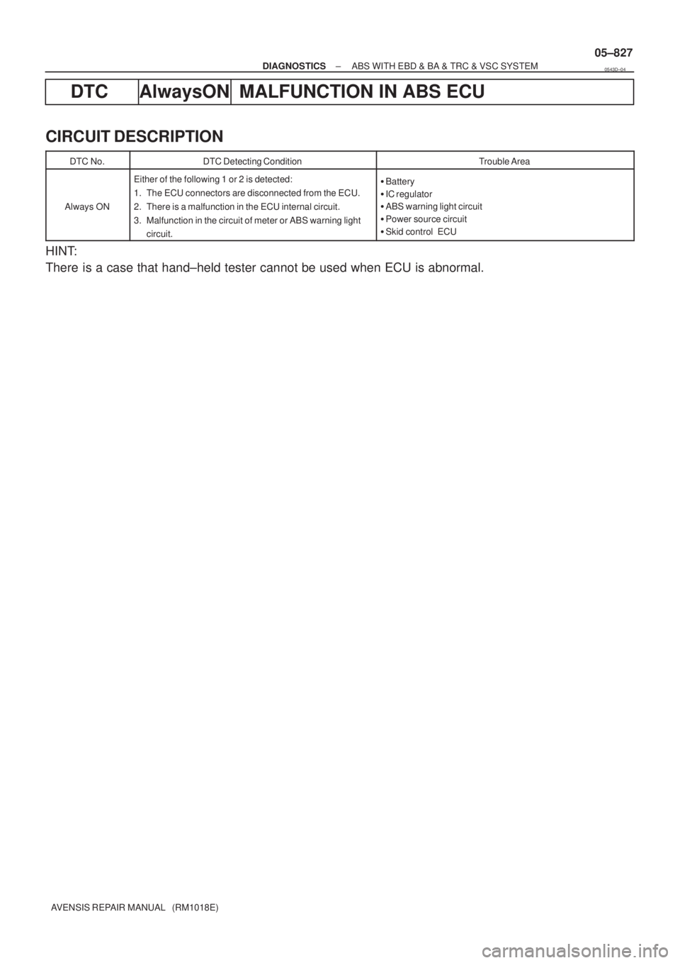 TOYOTA AVENSIS 2005  Service Repair Manual ± DIAGNOSTICSABS WITH EBD & BA & TRC & VSC SYSTEM
05±827
AVENSIS REPAIR MANUAL   (RM1018E)
DTC AlwaysON MALFUNCTION IN ABS ECU
CIRCUIT DESCRIPTION
DTC No.DTC Detecting ConditionTrouble Area
Always O