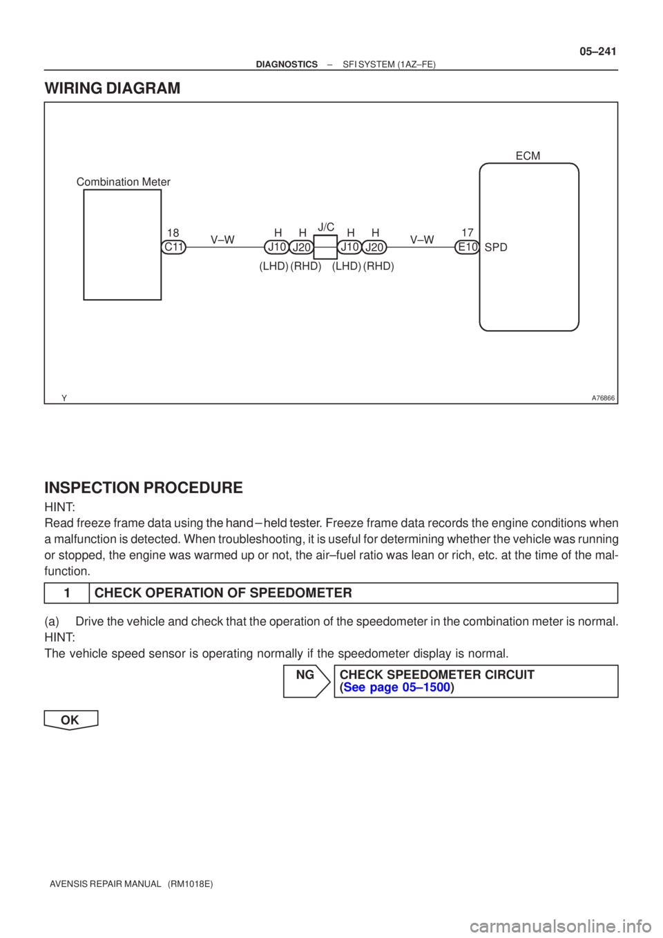 TOYOTA AVENSIS 2005  Service Repair Manual A76866
Combination MeterECM
C11 V±W
SPD
17
V±W E10
J/C
18H
J10
(LHD) J20
H
(RHD) H
J10
(LHD) J20
H
(RHD)
±
DIAGNOSTICS SFI SYSTEM(1AZ±FE)
05±241
AVENSIS REPAIR MANUAL   (RM1018E)
WIRING DIAGRAM
I
