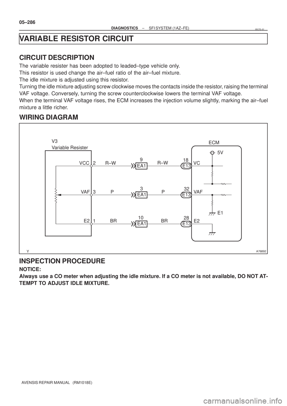TOYOTA AVENSIS 2005  Service Repair Manual A76892
V3
Variable Resister
VCC 2
VA F 3
E2
1R±W
P
BR10
EA13
EA19
EA1ECM
5V
VC
VA F
E1
E2 R±W
P
BRE1318
32
E13
28
E13 05±286
± DIAGNOSTICSSFI SYSTEM (1AZ±FE)
AVENSIS REPAIR MANUAL   (RM1018E)
VAR