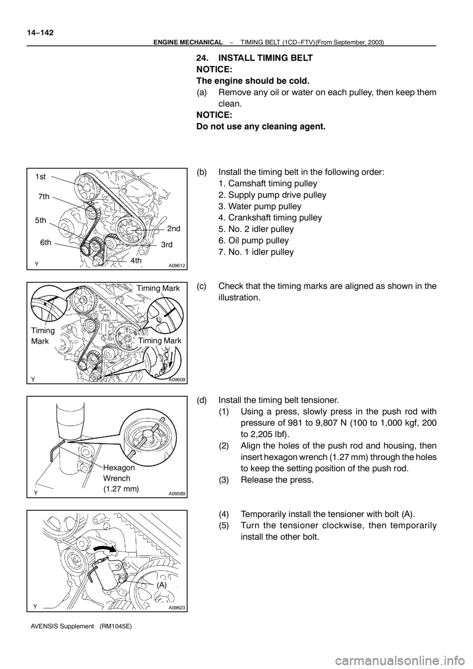 TOYOTA AVENSIS 2005  Service Repair Manual A09612
1st
2nd 5th
3rd
4th 6th 7th
A09609
Timing Mark
Timing
Mark
Timing Mark
A09589
Hexagon
Wrench
(1.27 mm)
(A)
A09623
14−142
− ENGINE MECHANICALTIMING BELT (1CD−FTV)(From September, 2003)
AVE