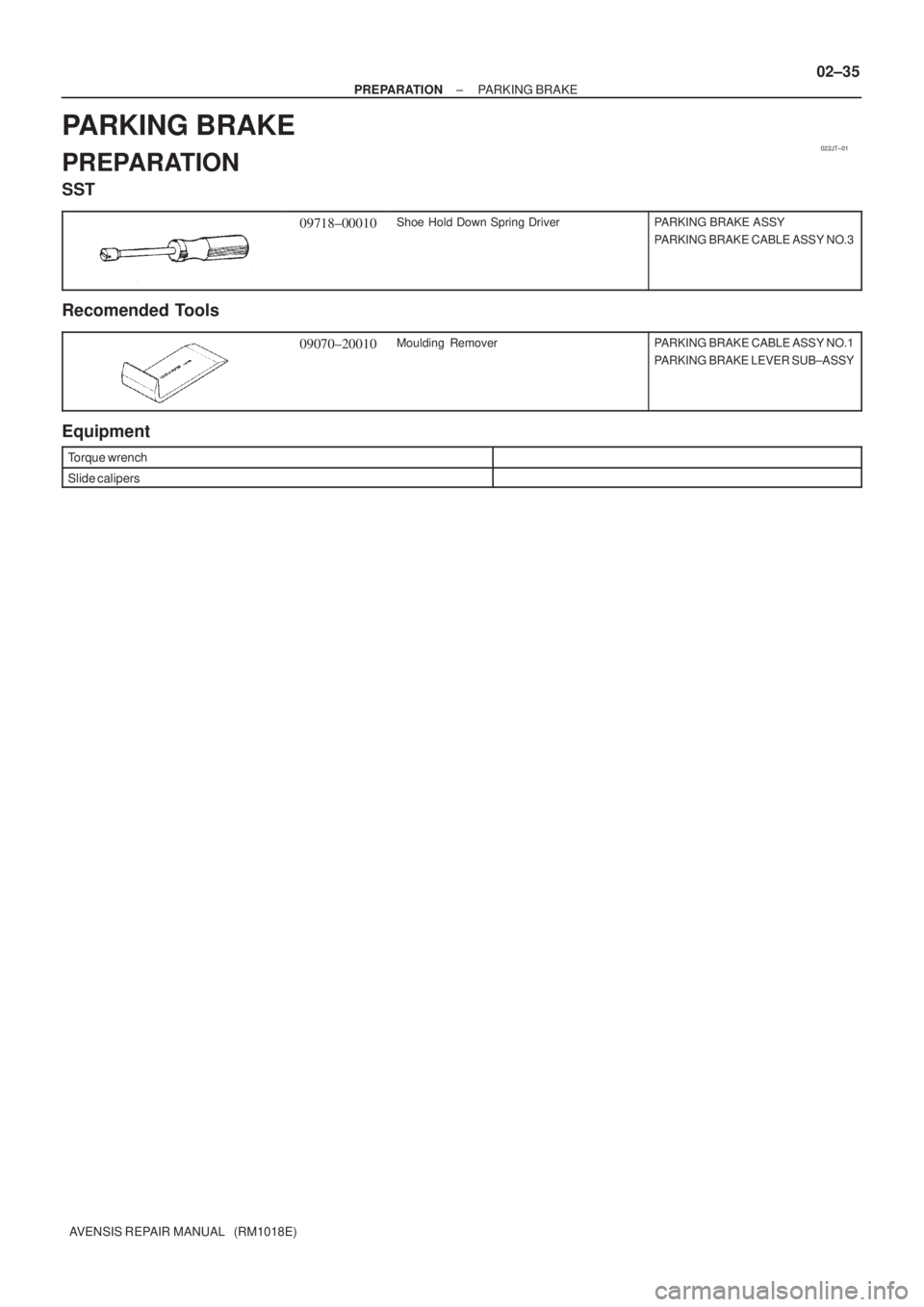TOYOTA AVENSIS 2005  Service Service Manual 022JT±01
± PREPARATIONPARKING BRAKE
02±35
AVENSIS REPAIR MANUAL   (RM1018E)
PARKING BRAKE
PREPARATION
SST
09718±00010Shoe Hold Down Spring DriverPARKING BRAKE ASSY
PARKING BRAKE CABLE ASSY NO.3
Re