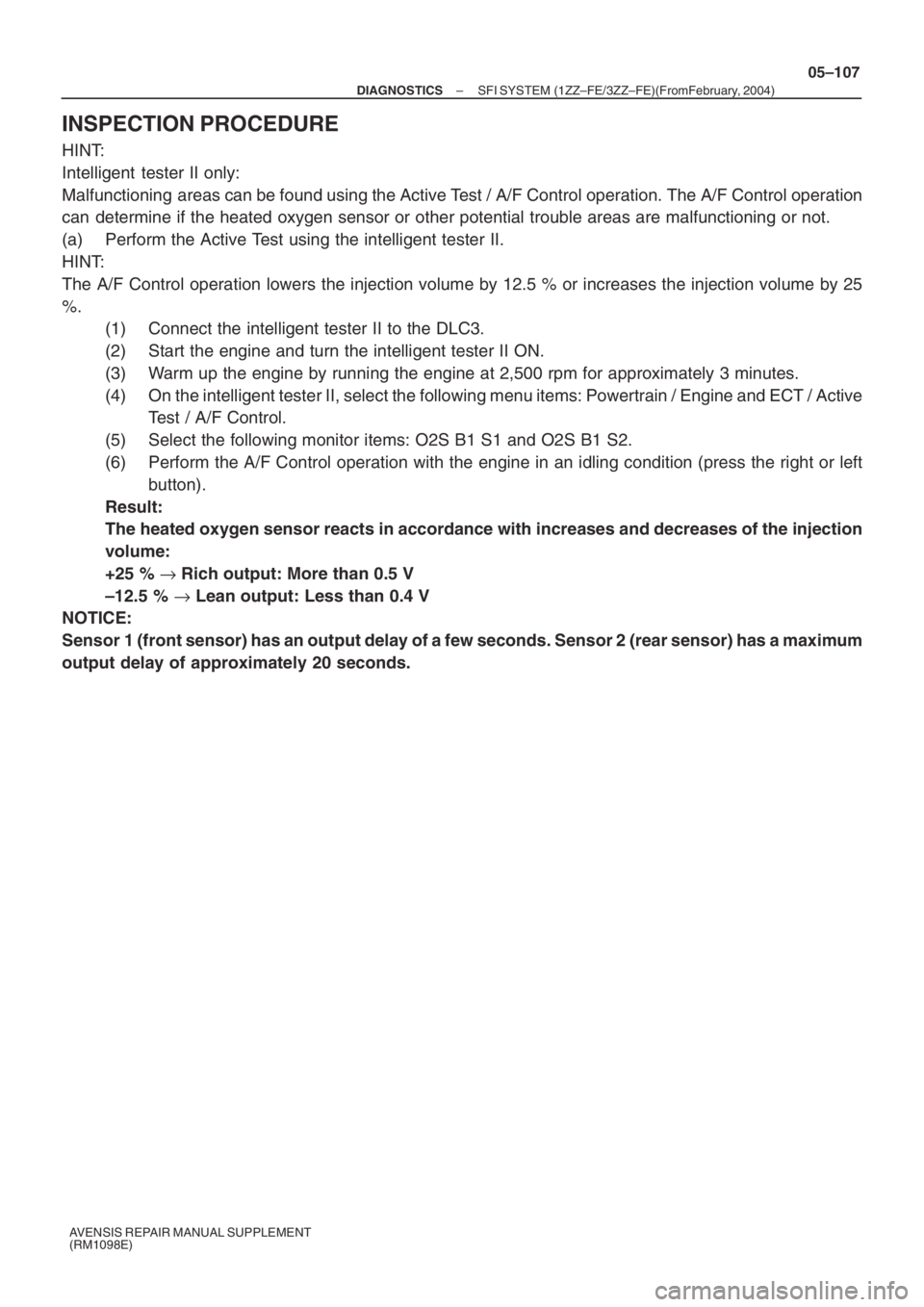 TOYOTA AVENSIS 2005  Service Repair Manual – DIAGNOSTICSSFI SYSTEM (1ZZ–FE/3ZZ–FE)(From February, 2004)
05–107
AVENSIS REPAIR MANUAL SUPPLEMENT
(RM1098E)
INSPECTION PROCEDURE
HINT:
Intelligent  tester II only:
Malfunctioning  areas can