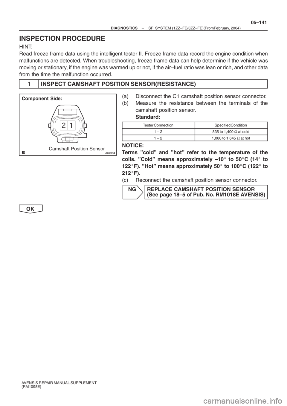 TOYOTA AVENSIS 2005  Service Repair Manual A64984Camshaft Position Sensor Component Side:
– DIAGNOSTICSSFI SYSTEM (1ZZ–FE/3ZZ–FE)(From February, 2004)
05–141
AVENSIS REPAIR MANUAL SUPPLEMENT
(RM1098E)
INSPECTION PROCEDURE
HINT:
Read fr